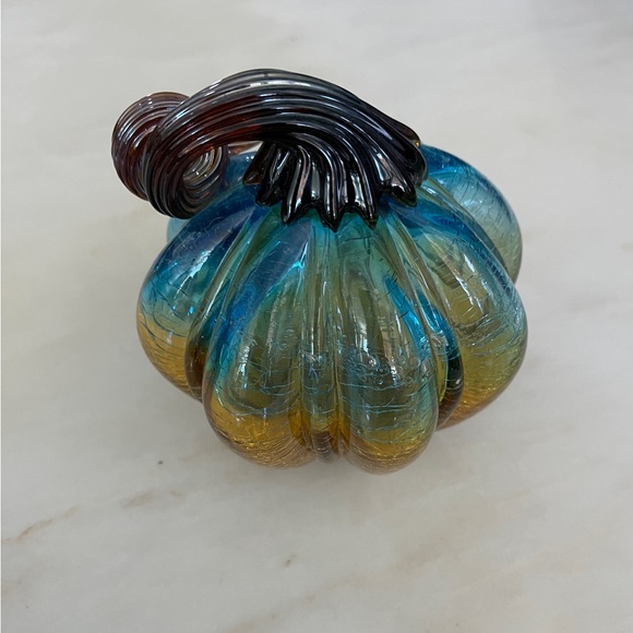 Art Glass Turquoise, Amber, and Brown Pumpkin with Curly Stem. 5”- 5 1/2” Dia - Picture 3 of 10